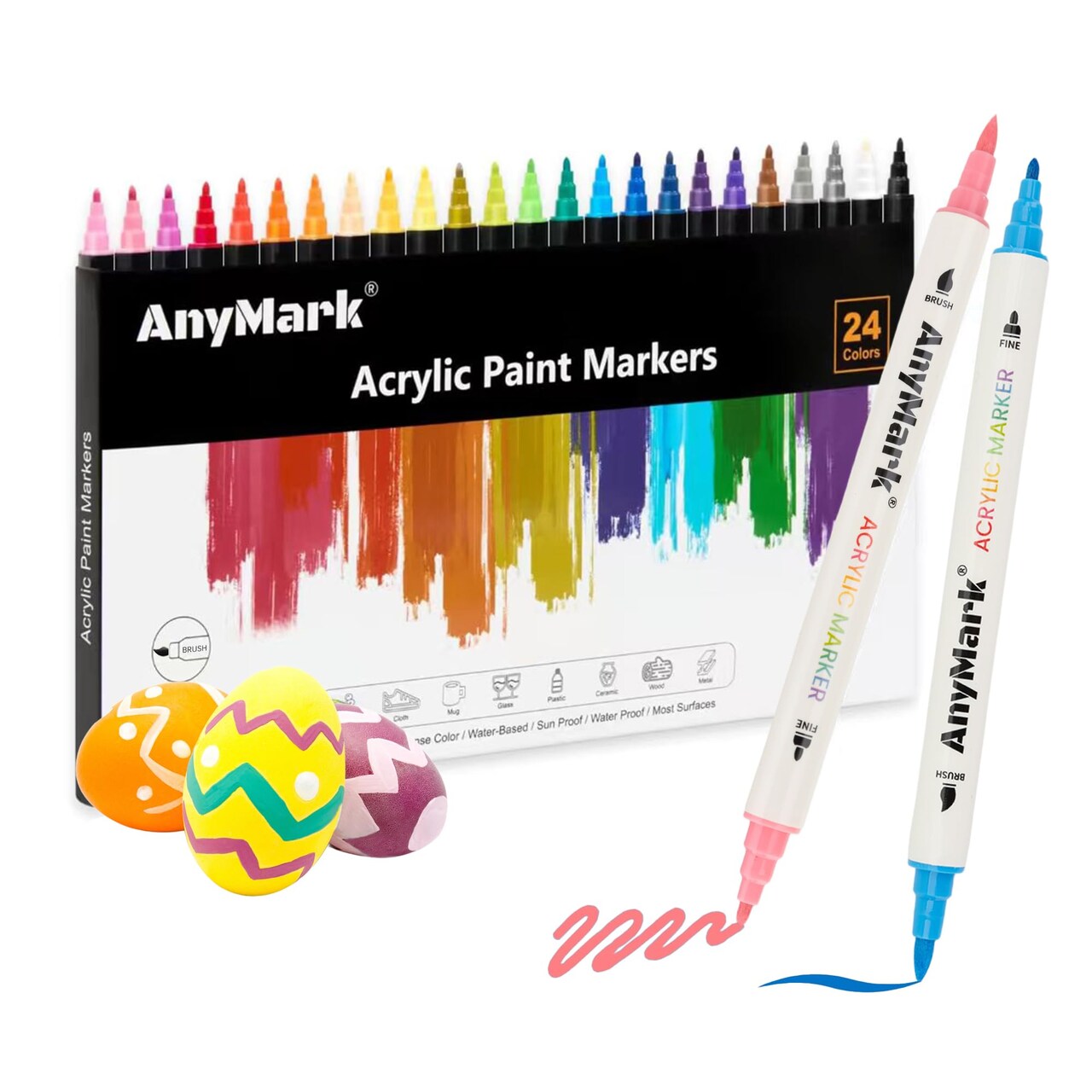 24 Colors Acrylic Paint Markers, Dual Tip Acrylic Paint Pens with Brush & Fine Tip, Premium Paint Markers for Coloring, Canvas, wood, Stone, Rock Painting, Glass